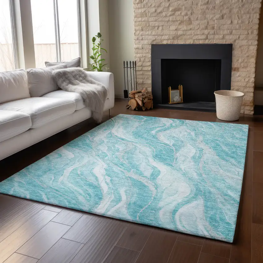 Teal And Ivory Abstract Washable Area Rug With UV Protection Photo 3