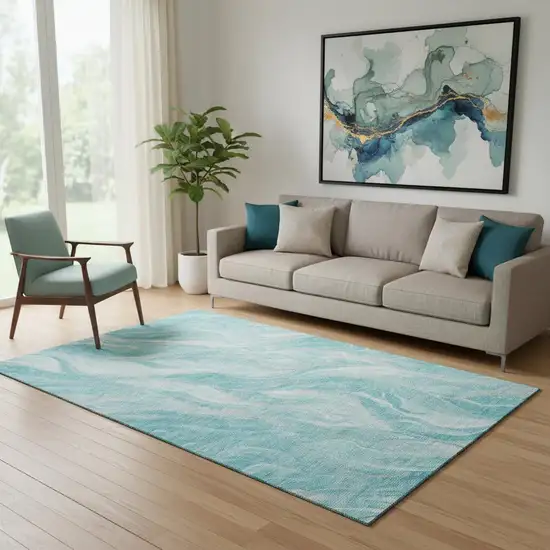 Teal And Ivory Abstract Washable Area Rug With UV Protection Photo 1