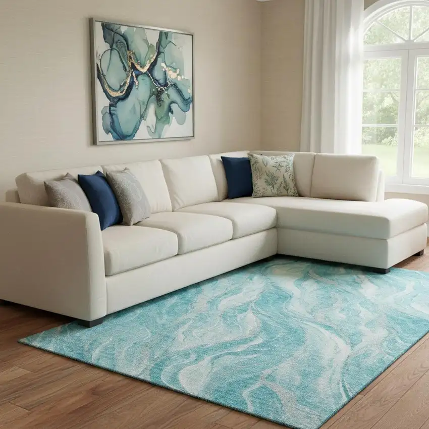 Teal And Ivory Abstract Washable Area Rug With UV Protection Photo 1