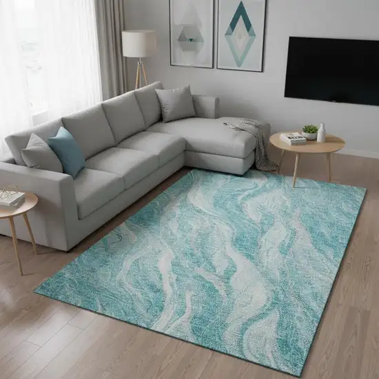 Teal And Ivory Abstract Washable Area Rug With UV Protection Photo 3