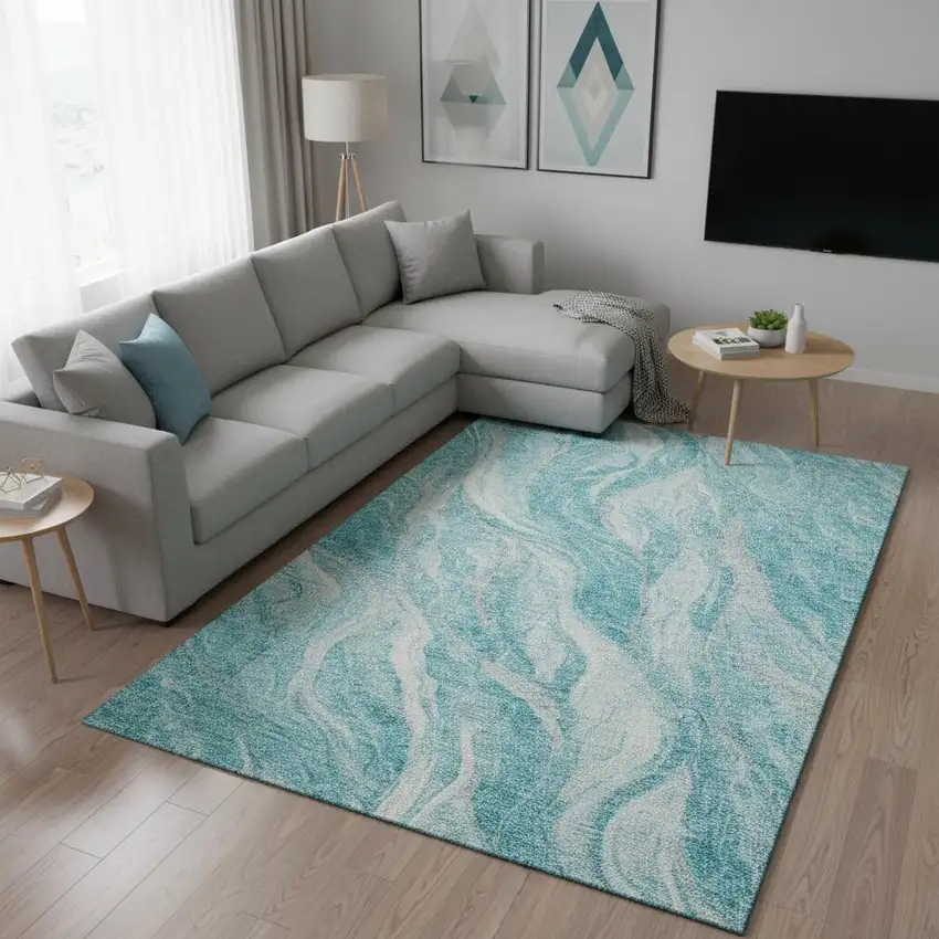 Teal And Ivory Abstract Washable Area Rug With UV Protection Photo 3