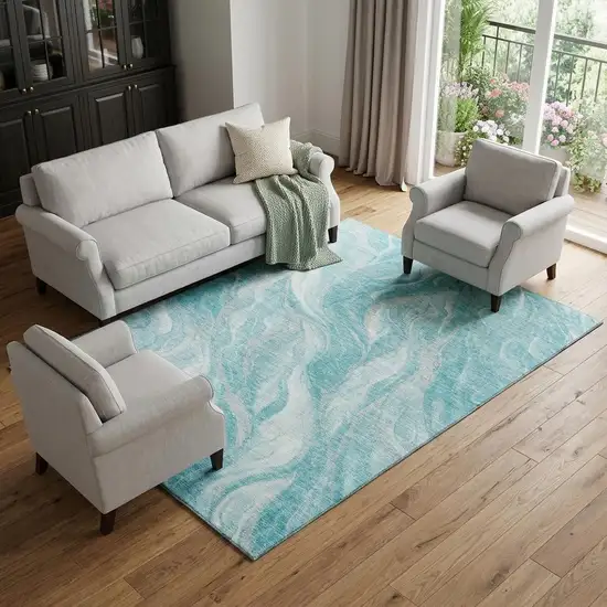 Teal And Ivory Abstract Washable Area Rug With UV Protection Photo 1