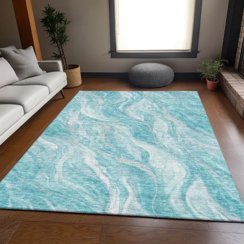 Teal And Ivory Abstract Washable Area Rug With UV Protection Photo 4