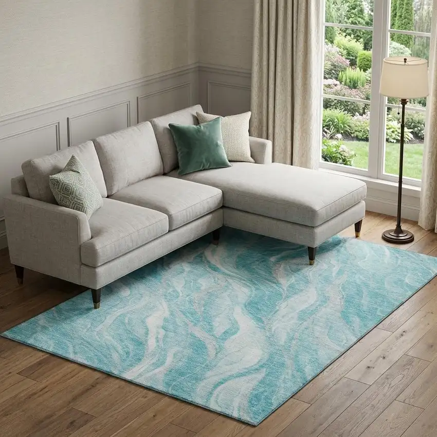 Teal And Ivory Abstract Washable Area Rug With UV Protection Photo 1