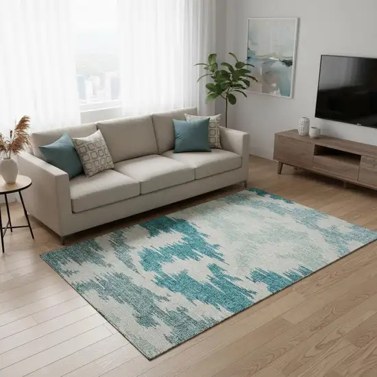 Teal And Ivory Abstract Washable Area Rug With UV Protection Photo 2