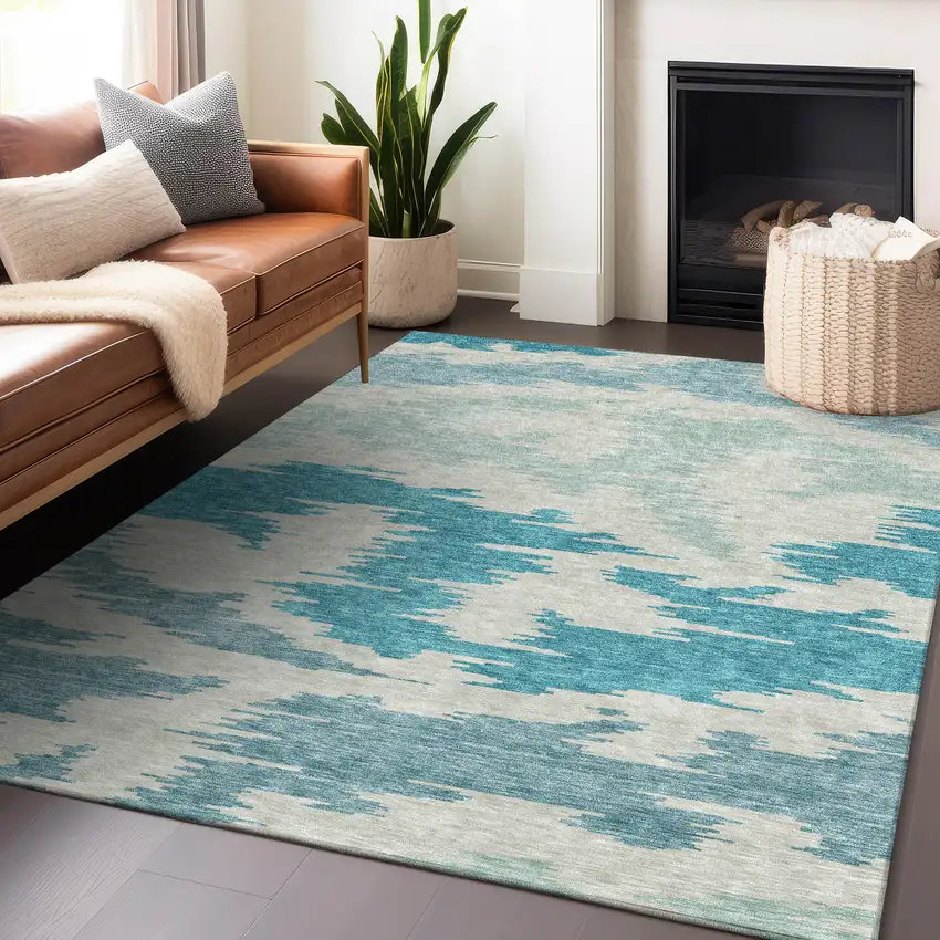 Teal And Ivory Abstract Washable Area Rug With UV Protection Photo 6