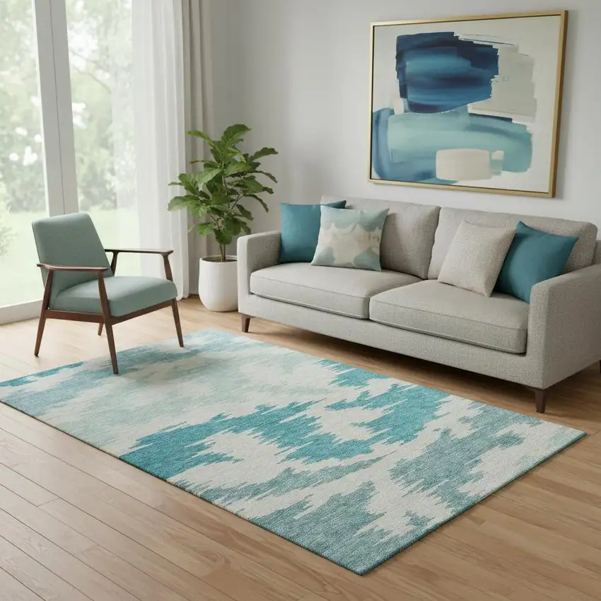 Teal And Ivory Abstract Washable Area Rug With UV Protection Photo 1