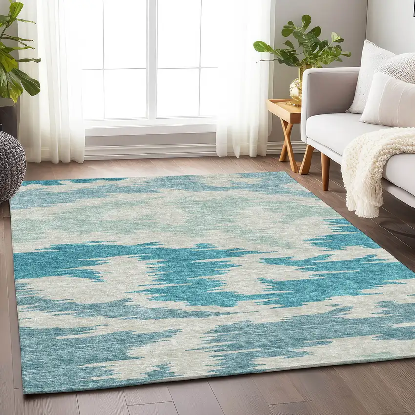 Teal And Ivory Abstract Washable Area Rug With UV Protection Photo 5