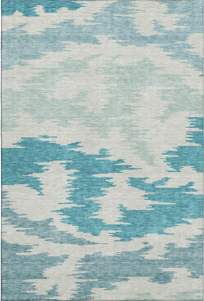 Teal And Ivory Abstract Washable Area Rug With UV Protection Photo 1
