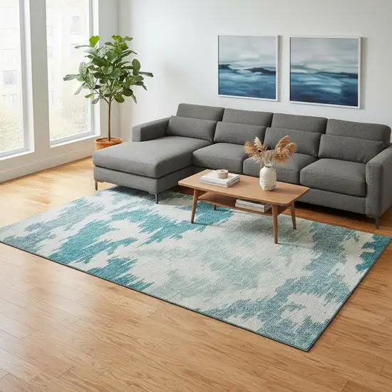 Teal And Ivory Abstract Washable Area Rug With UV Protection Photo 2