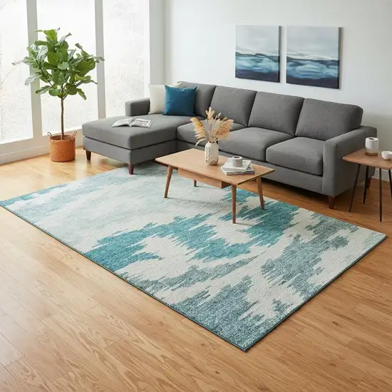 Teal And Ivory Abstract Washable Area Rug With UV Protection Photo 2