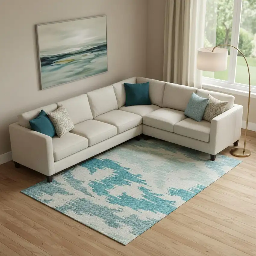 Teal And Ivory Abstract Washable Area Rug With UV Protection Photo 1