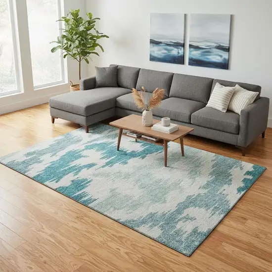 Teal And Ivory Abstract Washable Area Rug With UV Protection Photo 2