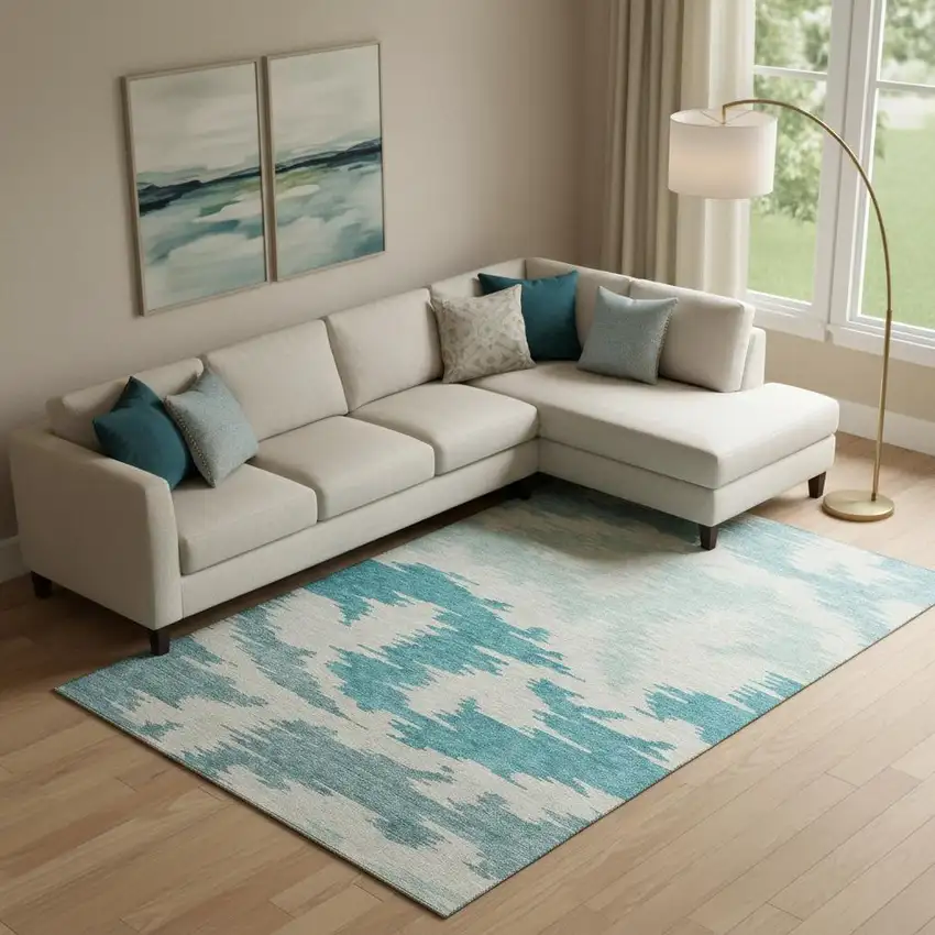 Teal And Ivory Abstract Washable Area Rug With UV Protection Photo 1