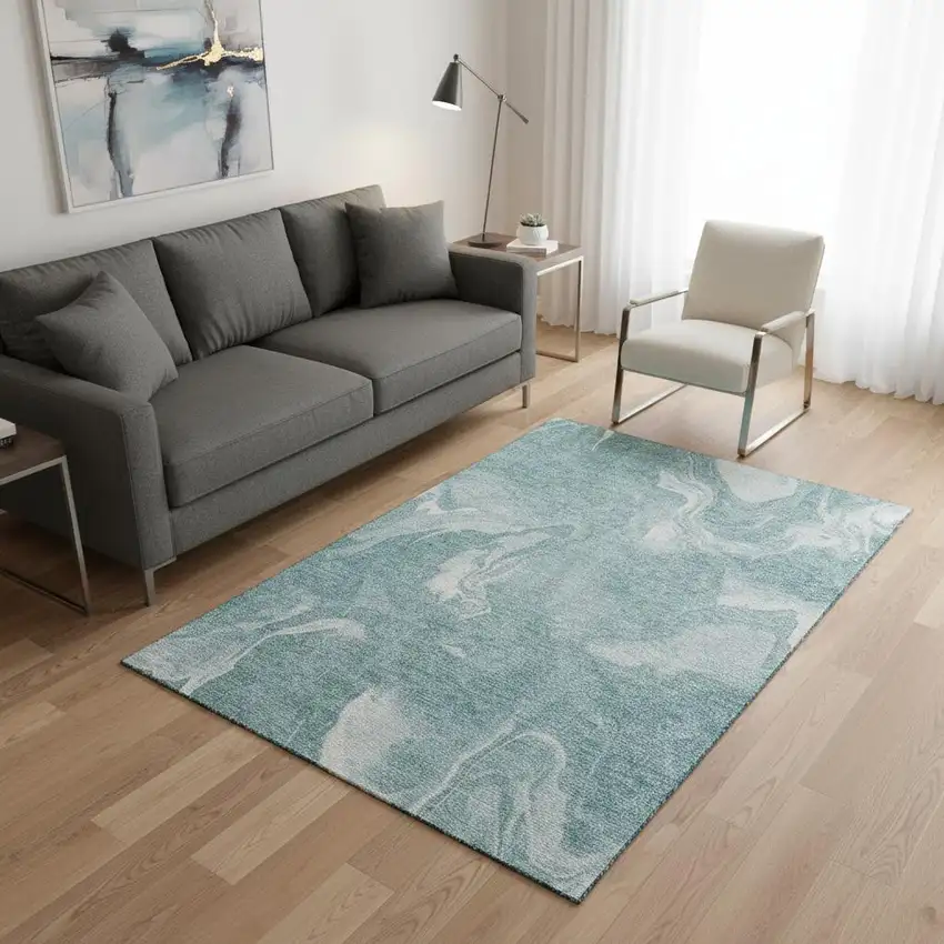 Teal And Ivory Abstract Washable Area Rug With UV Protection Photo 2