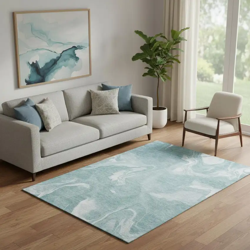 Teal And Ivory Abstract Washable Area Rug With UV Protection Photo 1