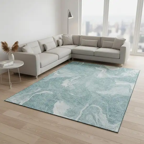 Teal And Ivory Abstract Washable Area Rug With UV Protection Photo 2