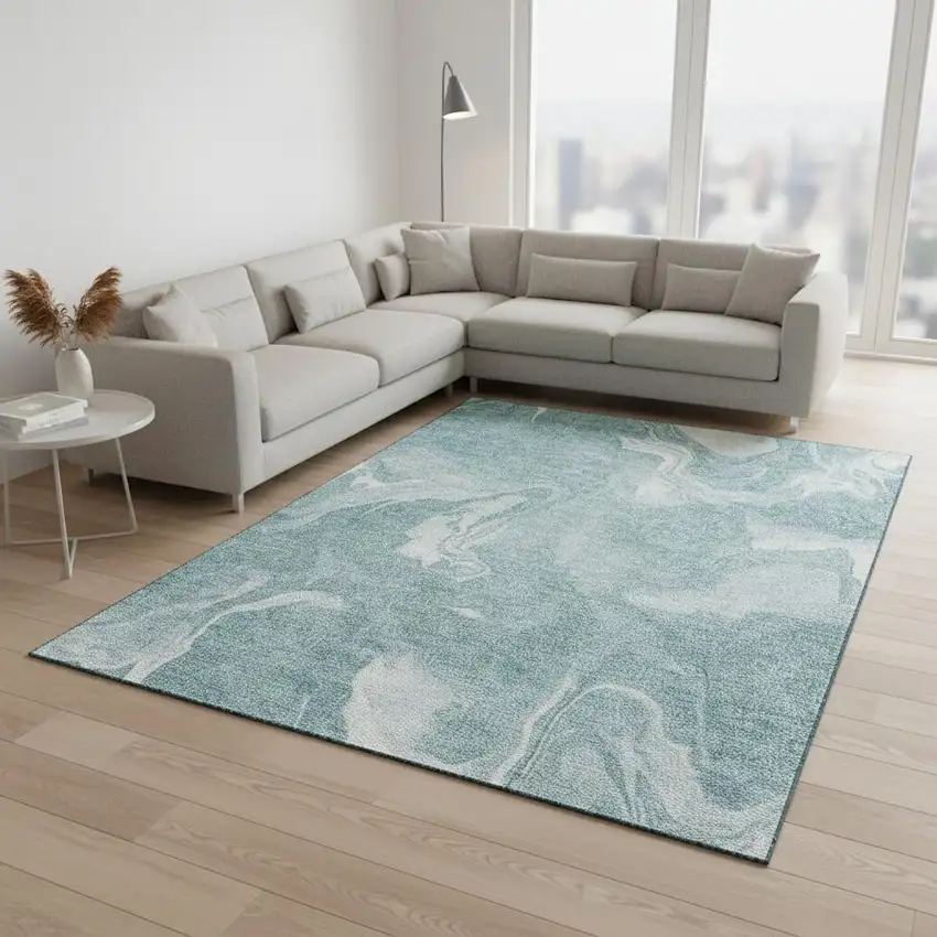 Teal And Ivory Abstract Washable Area Rug With UV Protection Photo 2