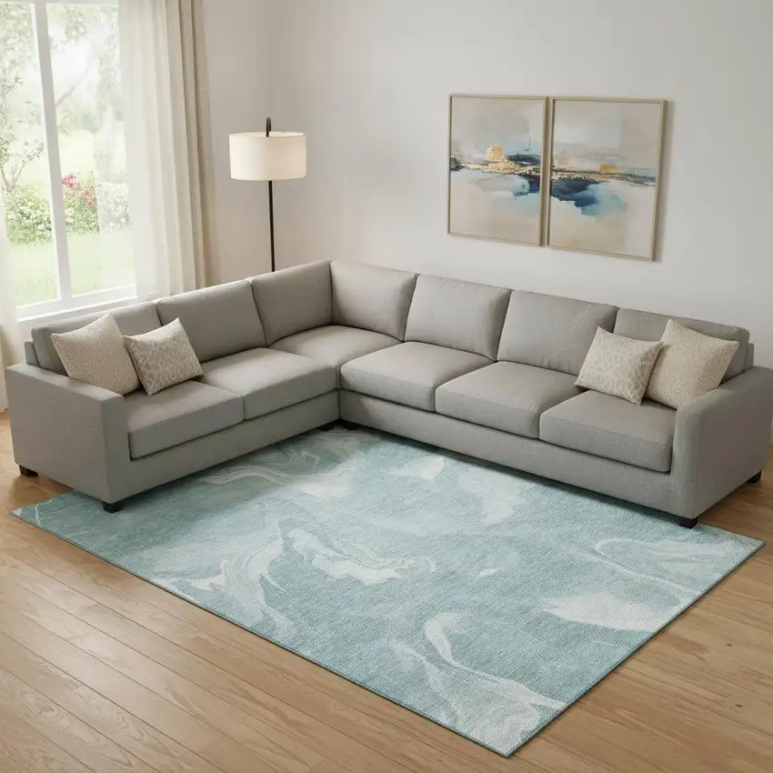 Teal And Ivory Abstract Washable Area Rug With UV Protection Photo 1
