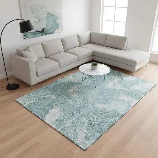 Teal And Ivory Abstract Washable Area Rug With UV Protection Photo 2