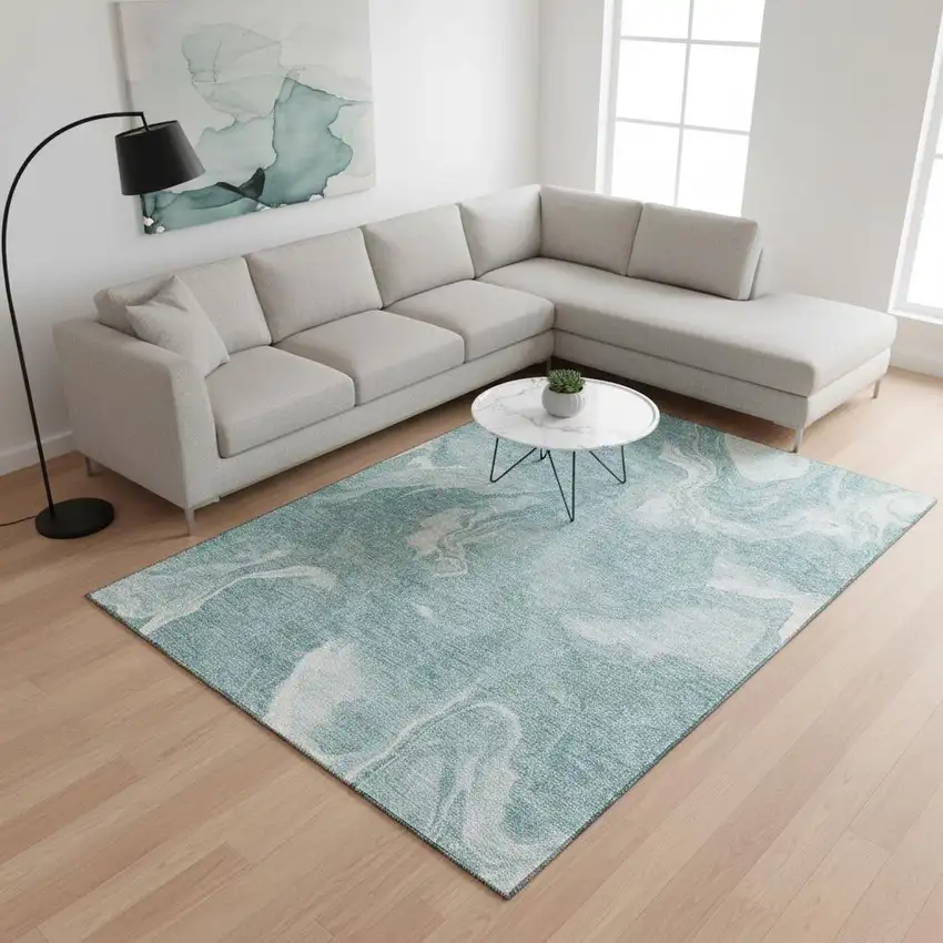 Teal And Ivory Abstract Washable Area Rug With UV Protection Photo 2