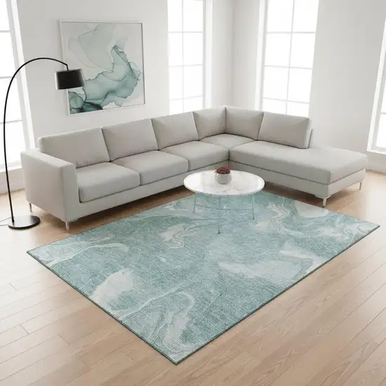 Teal And Ivory Abstract Washable Area Rug With UV Protection Photo 2