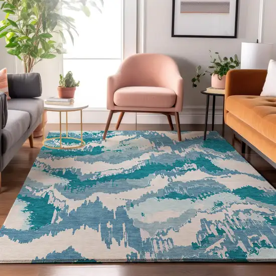 Teal And Ivory Abstract Washable Area Rug With UV Protection Photo 7