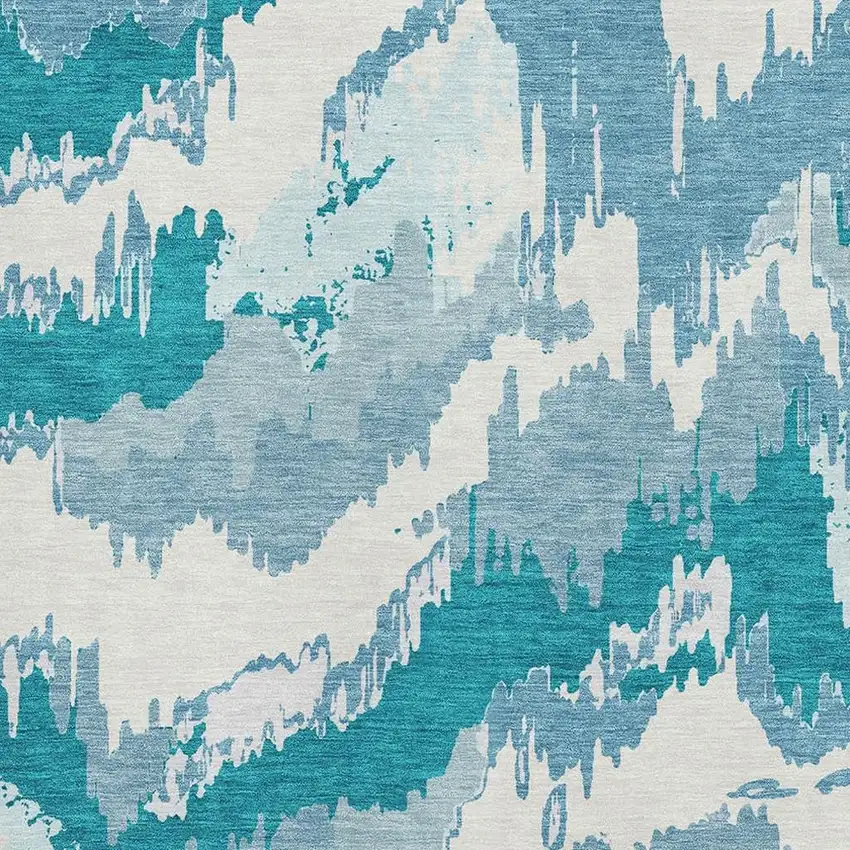 Teal And Ivory Abstract Washable Area Rug With UV Protection Photo 4