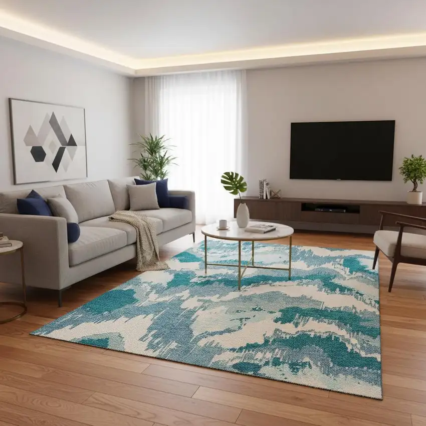 Teal And Ivory Abstract Washable Area Rug With UV Protection Photo 1