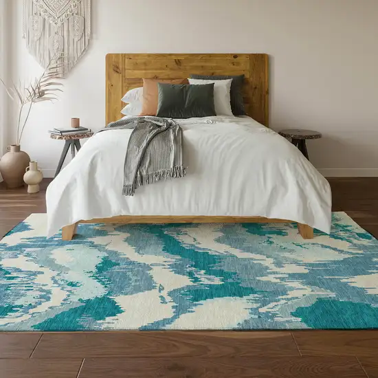 Teal And Ivory Abstract Washable Area Rug With UV Protection Photo 8
