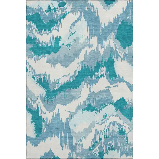 Teal And Ivory Abstract Washable Area Rug With UV Protection Photo 2