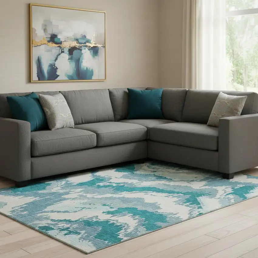 Teal And Ivory Abstract Washable Area Rug With UV Protection Photo 1