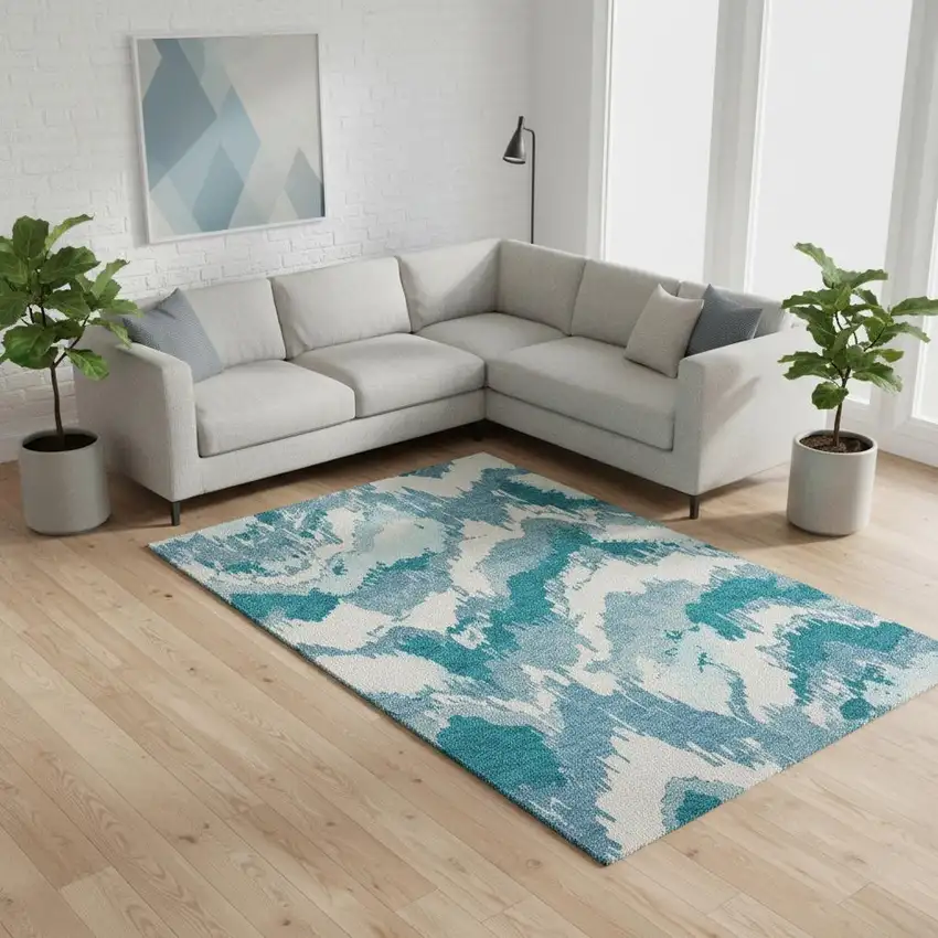 Teal And Ivory Abstract Washable Area Rug With UV Protection Photo 1