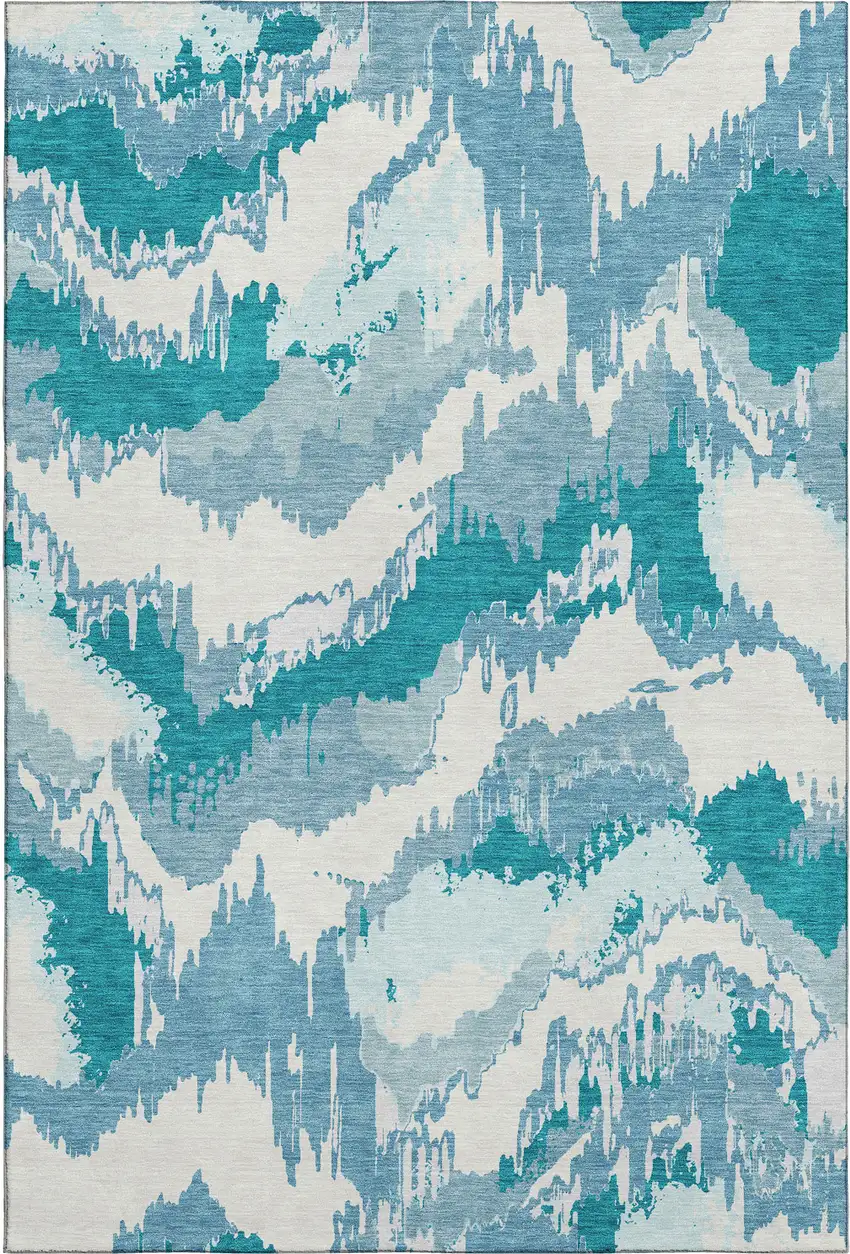 Teal And Ivory Abstract Washable Area Rug With UV Protection Photo 2