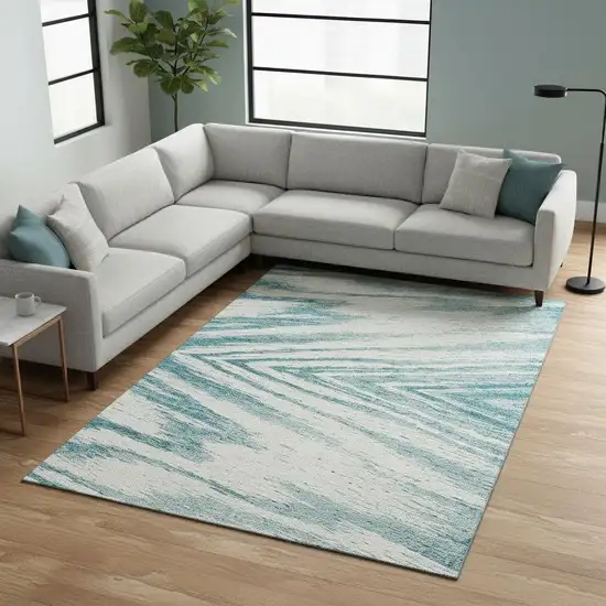 Teal And Ivory Abstract Washable Area Rug With UV Protection Photo 2
