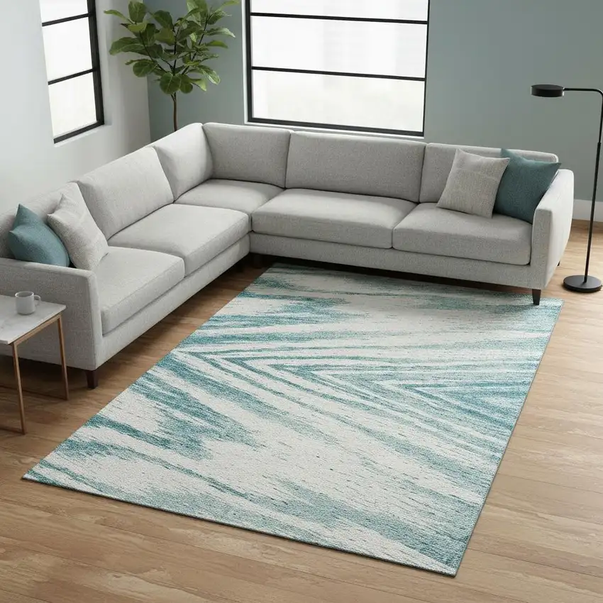 Teal And Ivory Abstract Washable Area Rug With UV Protection Photo 2