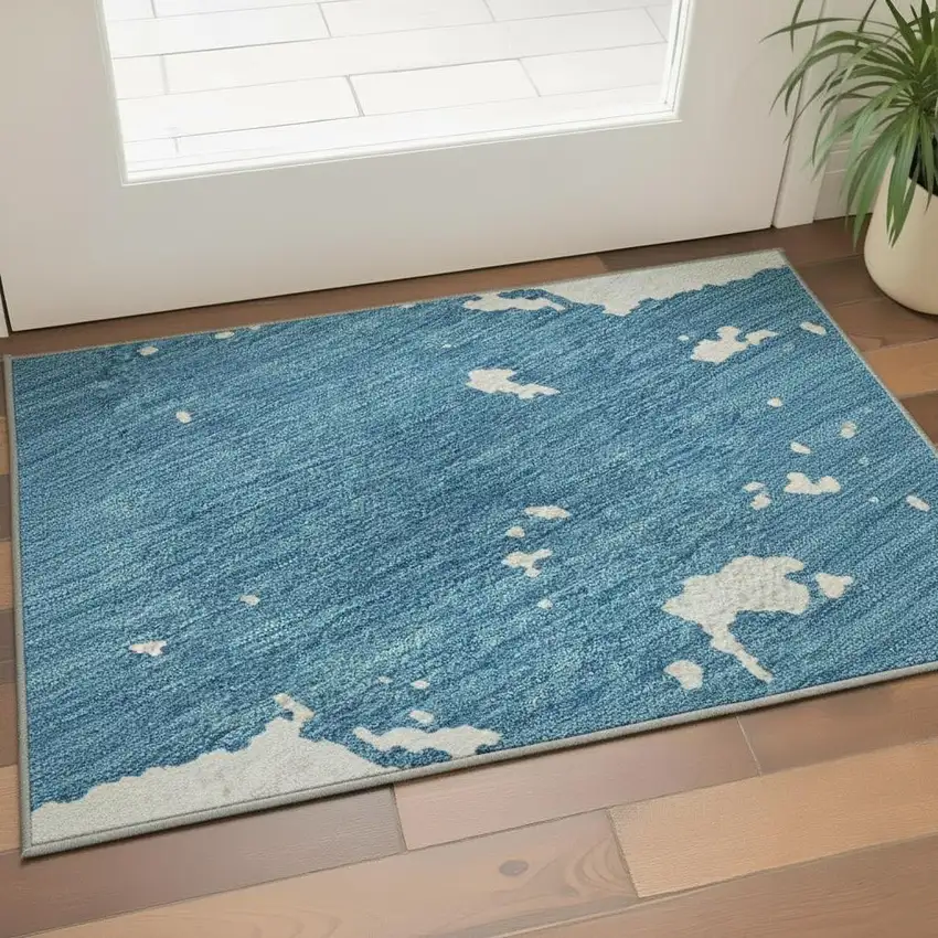 Teal And Ivory Abstract Washable Area Rug With UV Protection Photo 2