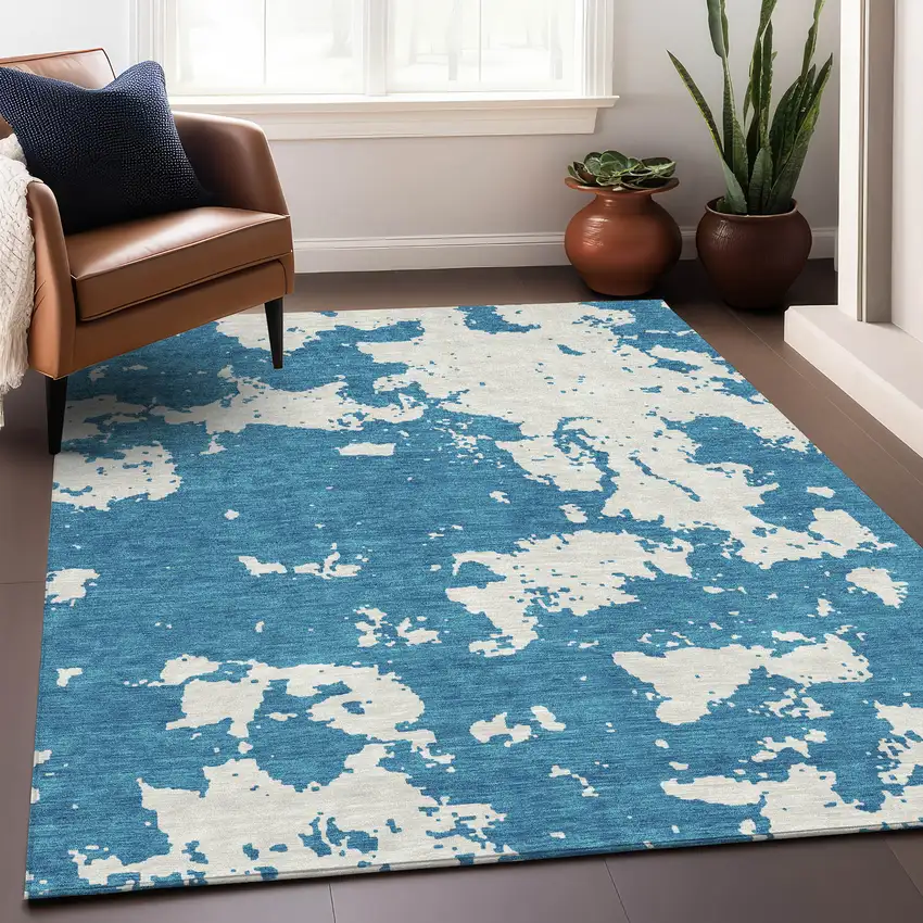 Teal And Ivory Abstract Washable Area Rug With UV Protection Photo 5
