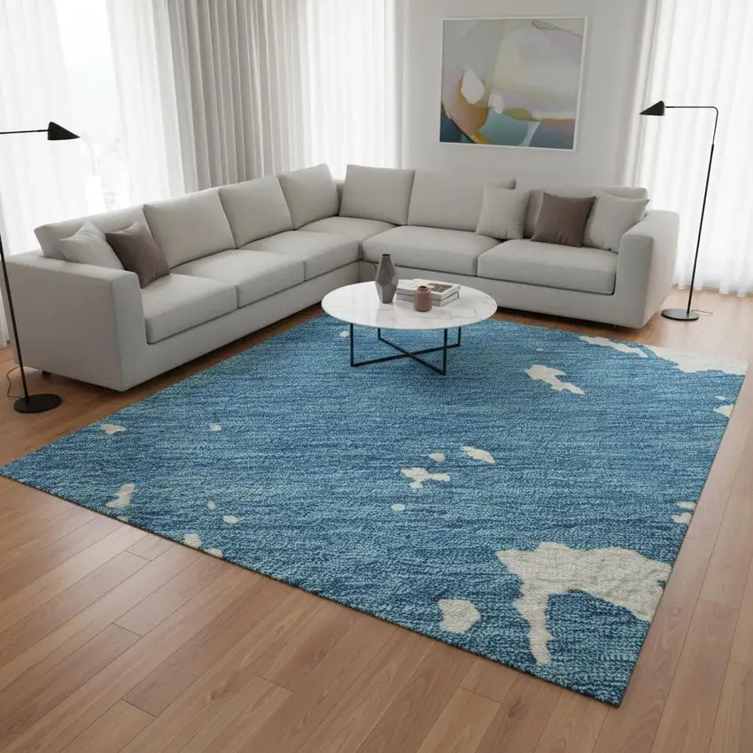 Teal And Ivory Abstract Washable Area Rug With UV Protection Photo 2