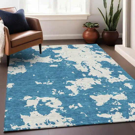Teal And Ivory Abstract Washable Area Rug With UV Protection Photo 5