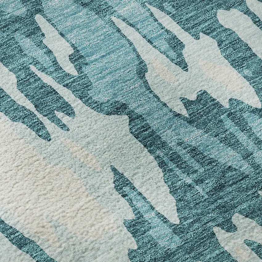 Teal And Ivory Abstract Washable Area Rug With UV Protection Photo 9