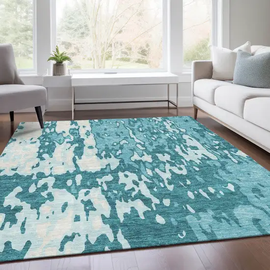 Teal And Ivory Abstract Washable Area Rug With UV Protection Photo 4