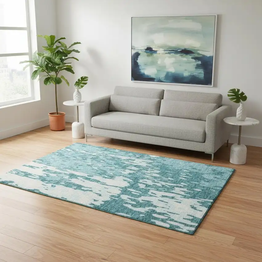 Teal And Ivory Abstract Washable Area Rug With UV Protection Photo 2