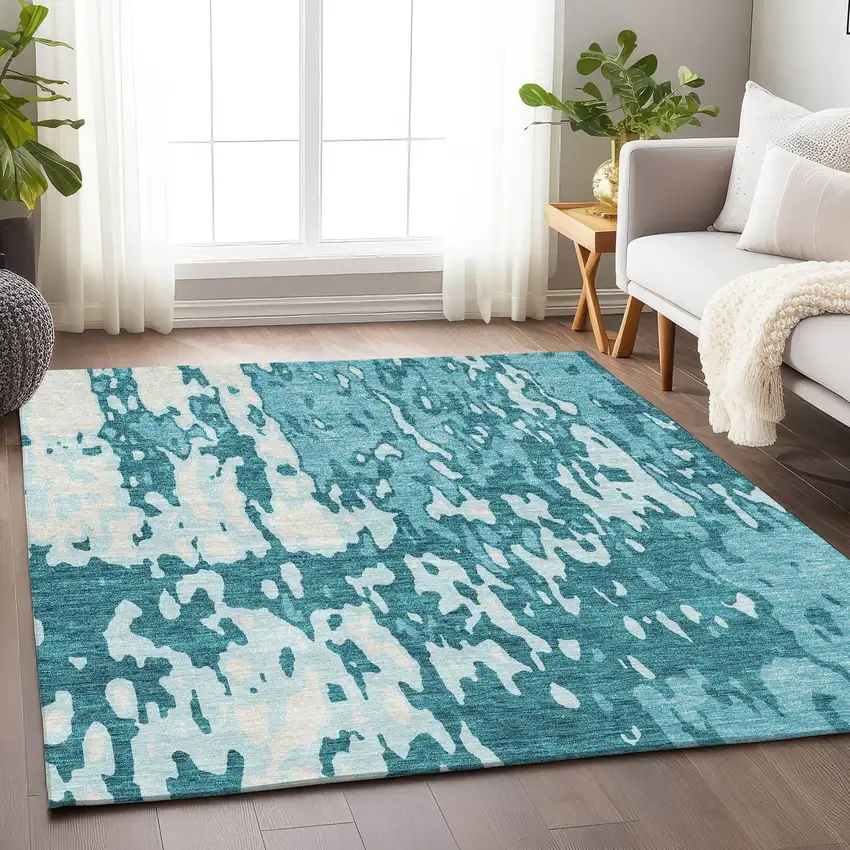 Teal And Ivory Abstract Washable Area Rug With UV Protection Photo 3