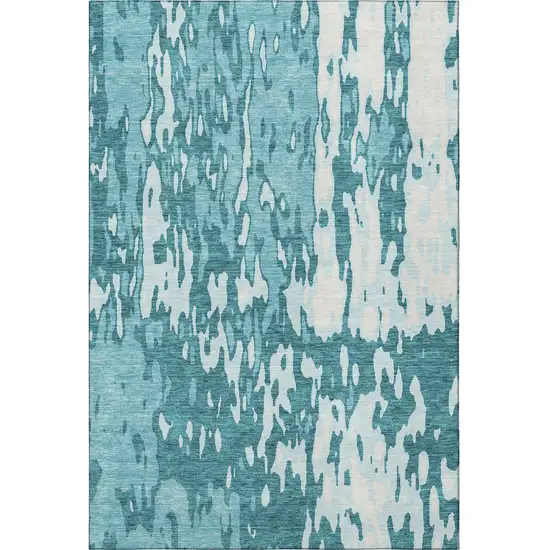 Teal And Ivory Abstract Washable Area Rug With UV Protection Photo 2