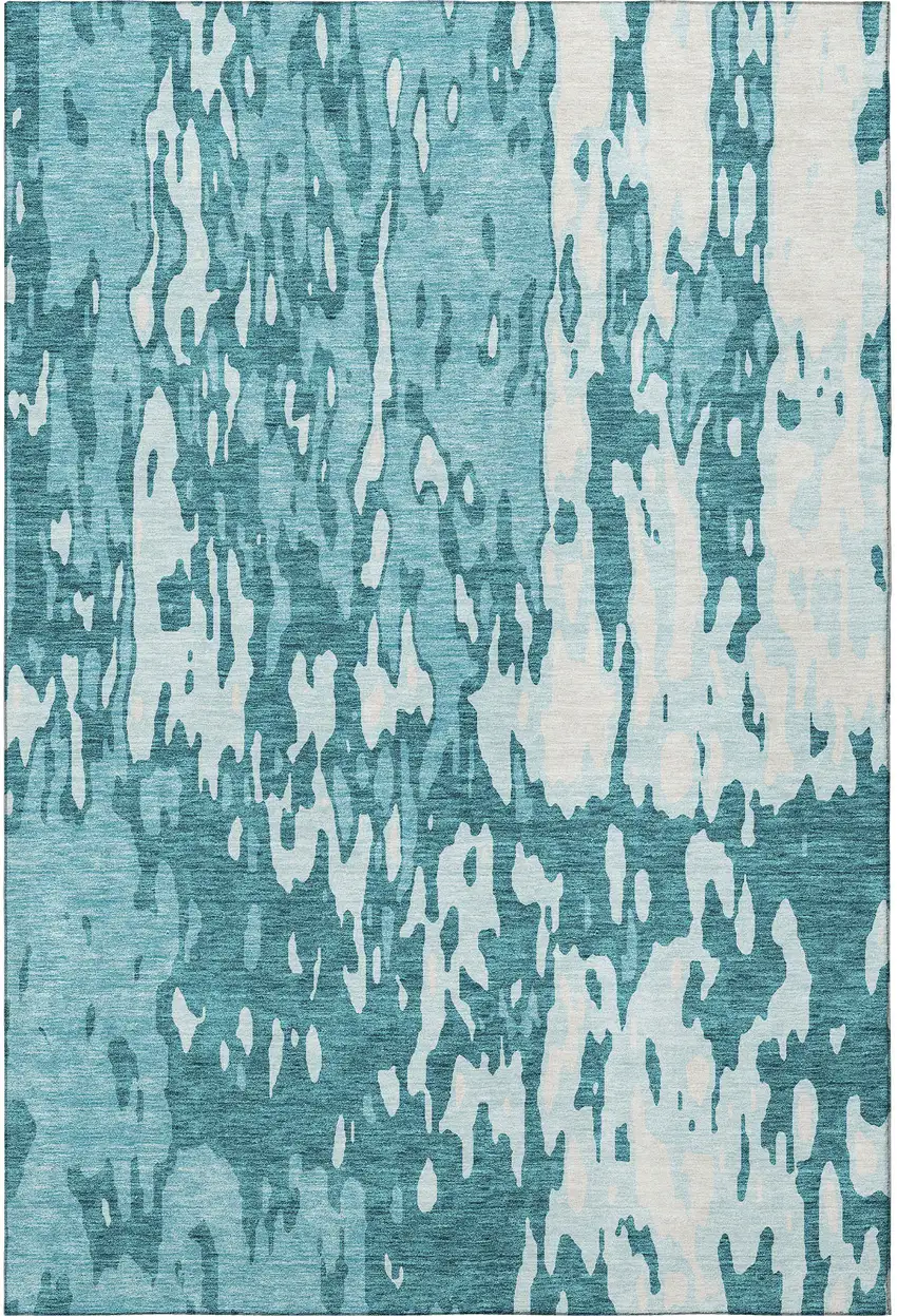 Teal And Ivory Abstract Washable Area Rug With UV Protection Photo 2