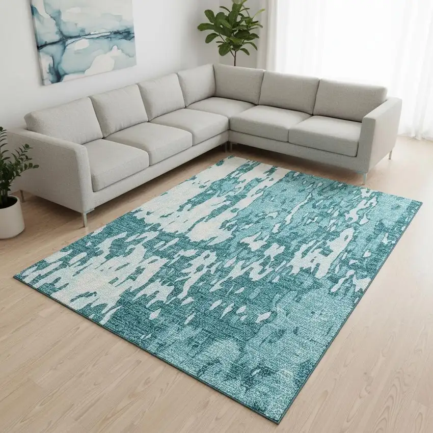 Teal And Ivory Abstract Washable Area Rug With UV Protection Photo 2