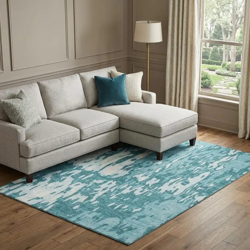 Teal And Ivory Abstract Washable Area Rug With UV Protection Photo 1