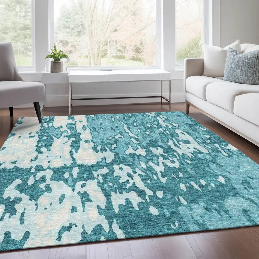 Teal And Ivory Abstract Washable Area Rug With UV Protection Photo 5