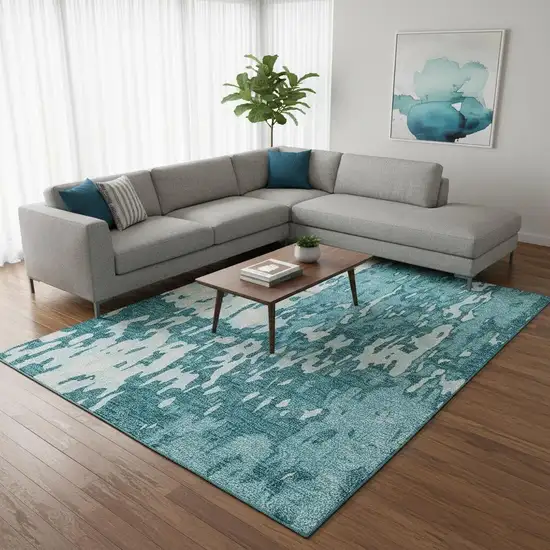 Teal And Ivory Abstract Washable Area Rug With UV Protection Photo 2